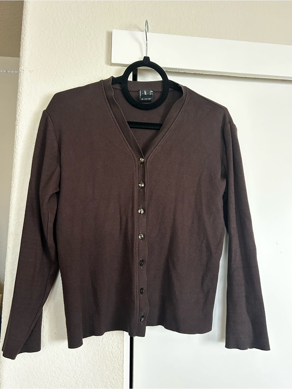 INC International Concepts Chocolate Brown V-Neck Button Cardigan